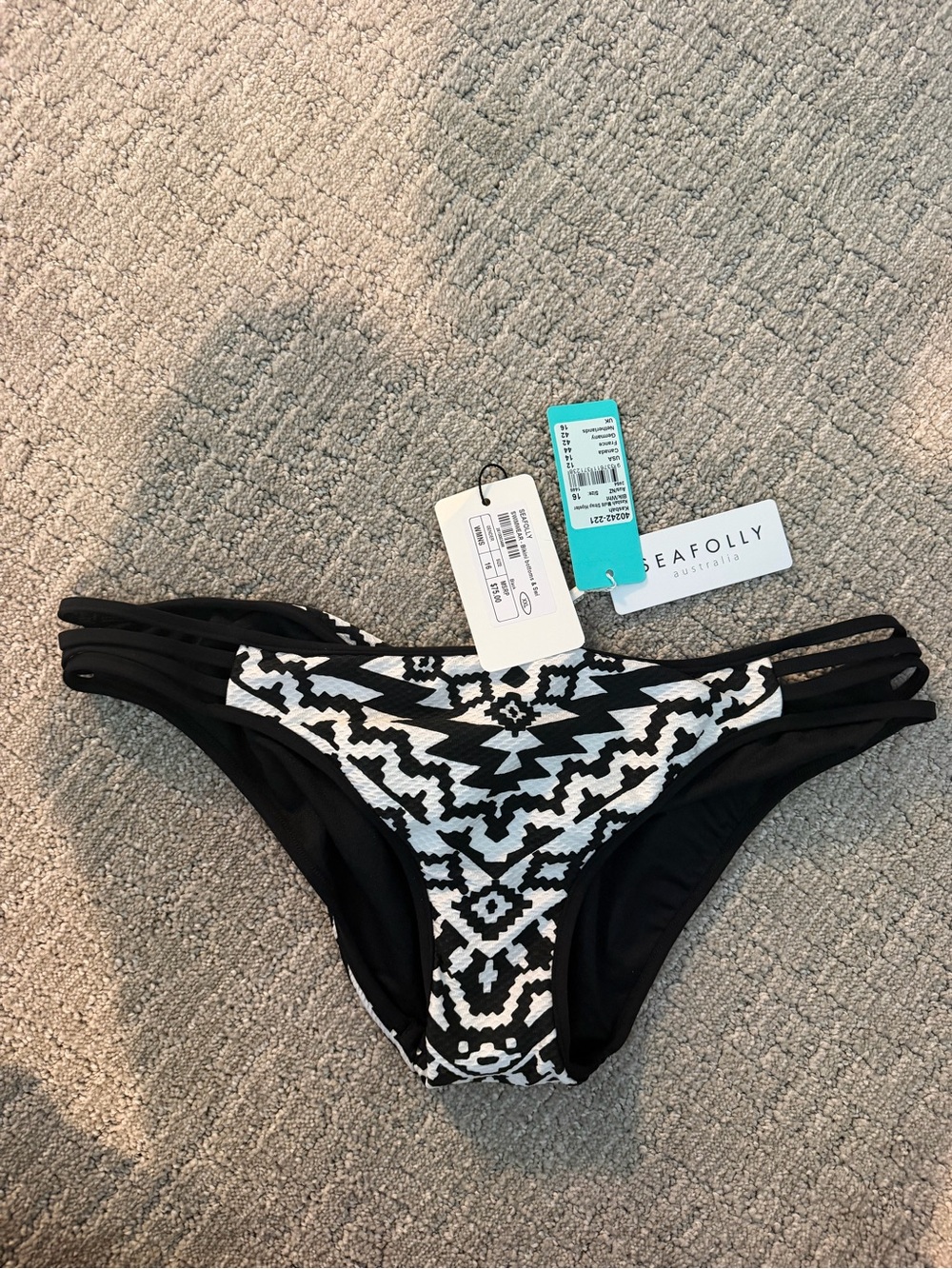 Seafolly Black & White Geo-Print Bikini Bottom with Triple Side Straps